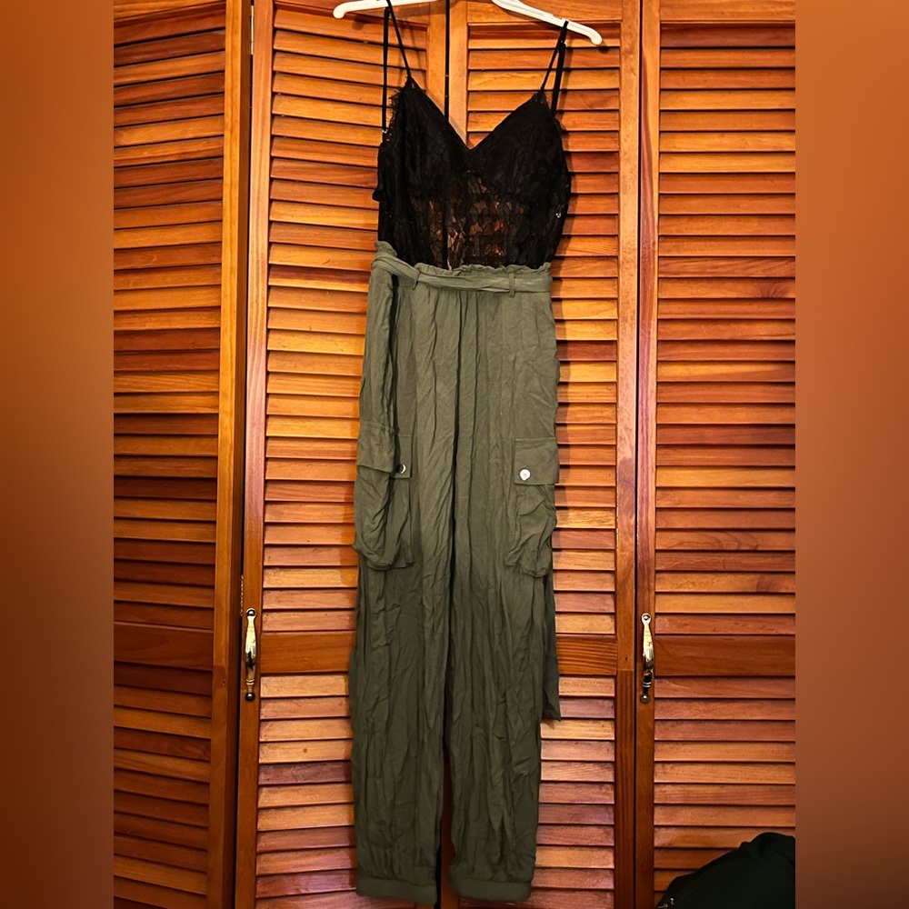 Charlotte Russe Black Lace & Olive Green Utility Jumpsuit